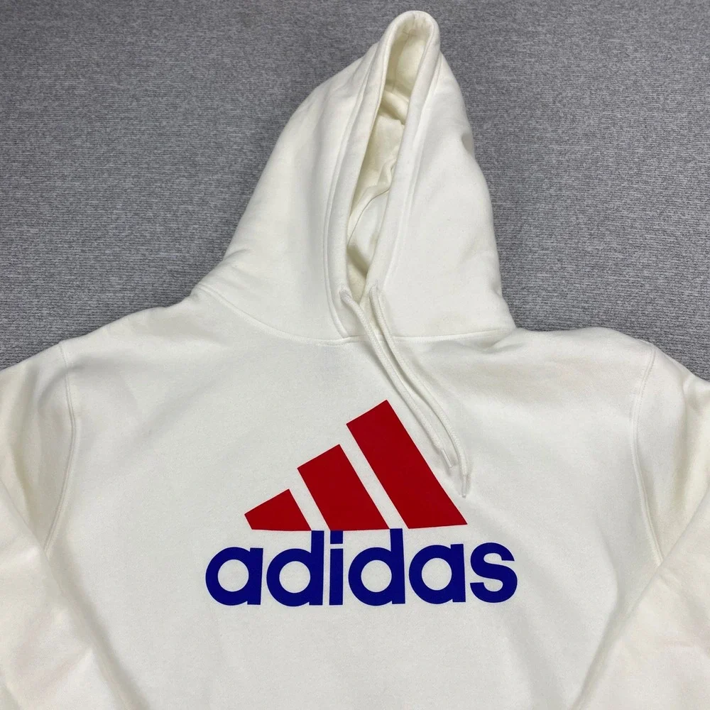 Adidas Mens‎ Essentials Fleece Logo Hoodie White Red Blue Pullover Medium